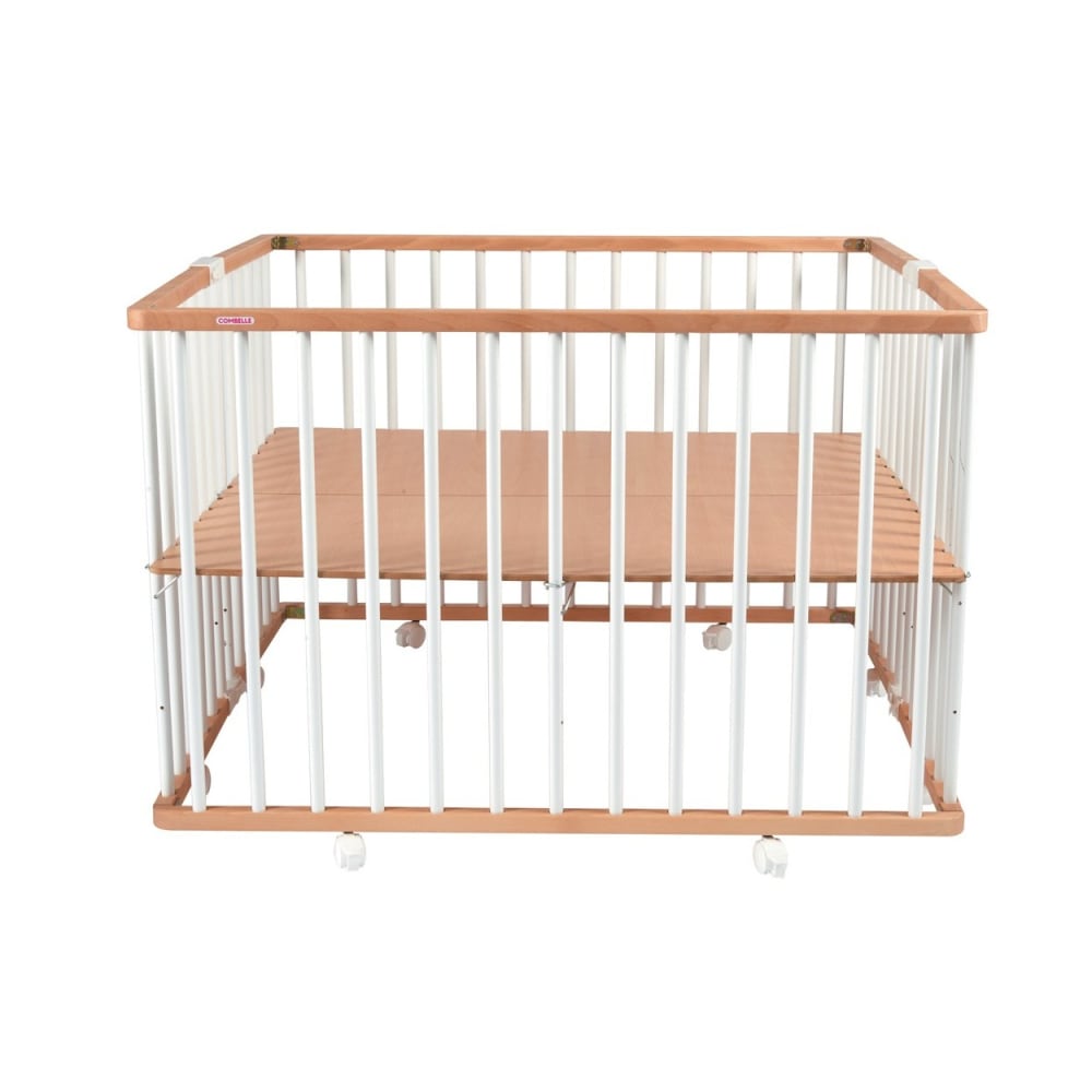 Parc bébé carré pliant en bois bicolore blanc 92x98x67 cm (Combelle) - Image 3