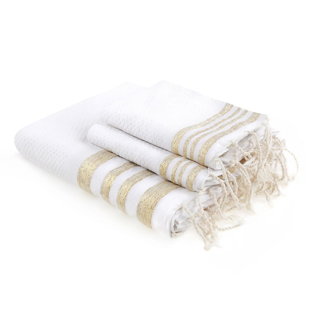 Foutas de bain (1+2) coton blanc & or 100x200+2(40x60)