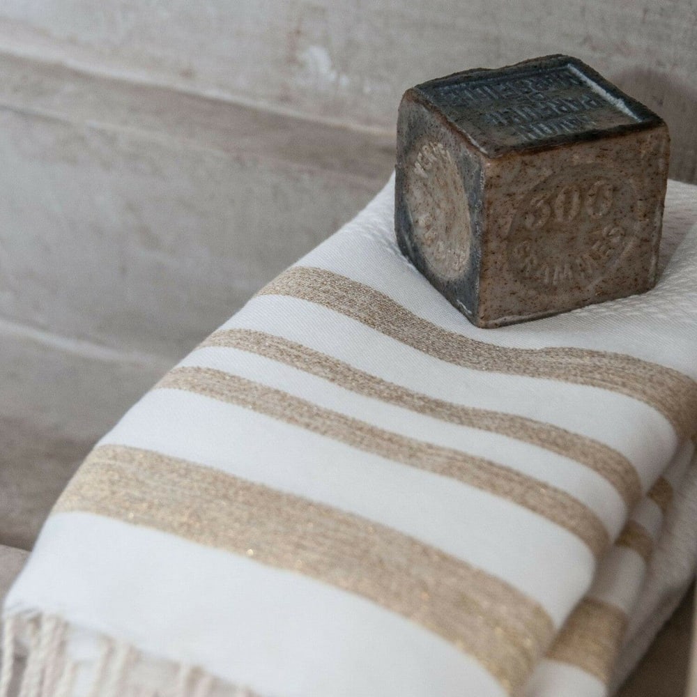 Fouta set de baño (1+2) algodón 100x200 blanco / dorado - Maisons du Monde