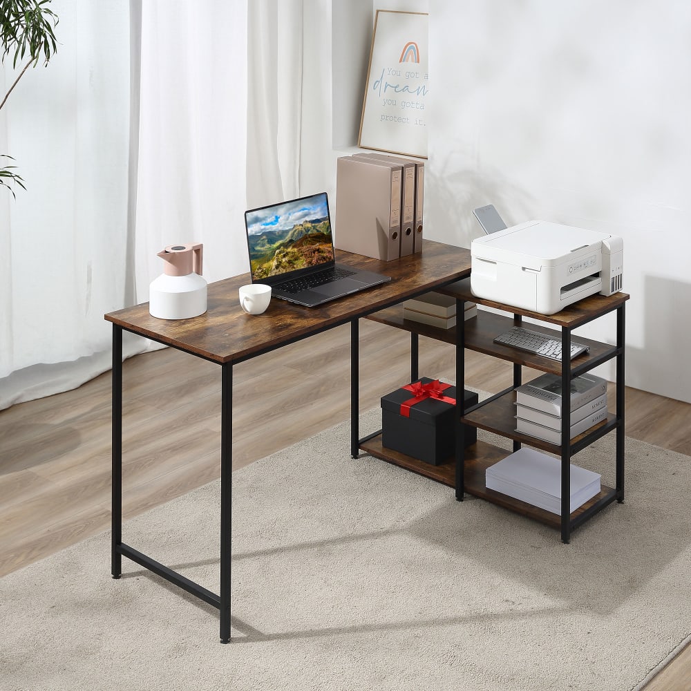Bureau d'angle design industriel 3 étagères aspect bois métal noir