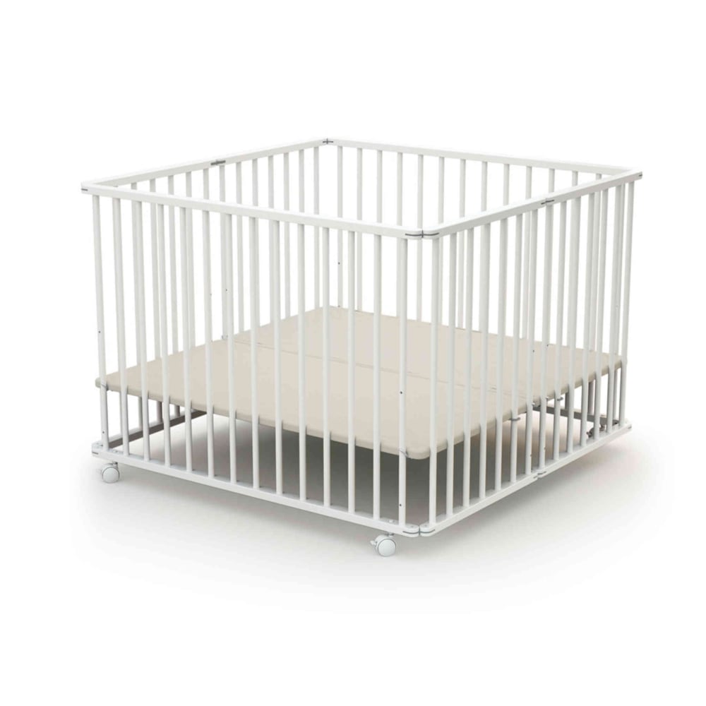 Klappbares Baby-Laufgitter mit rollen Holz Weiß 100 x 100 cm -