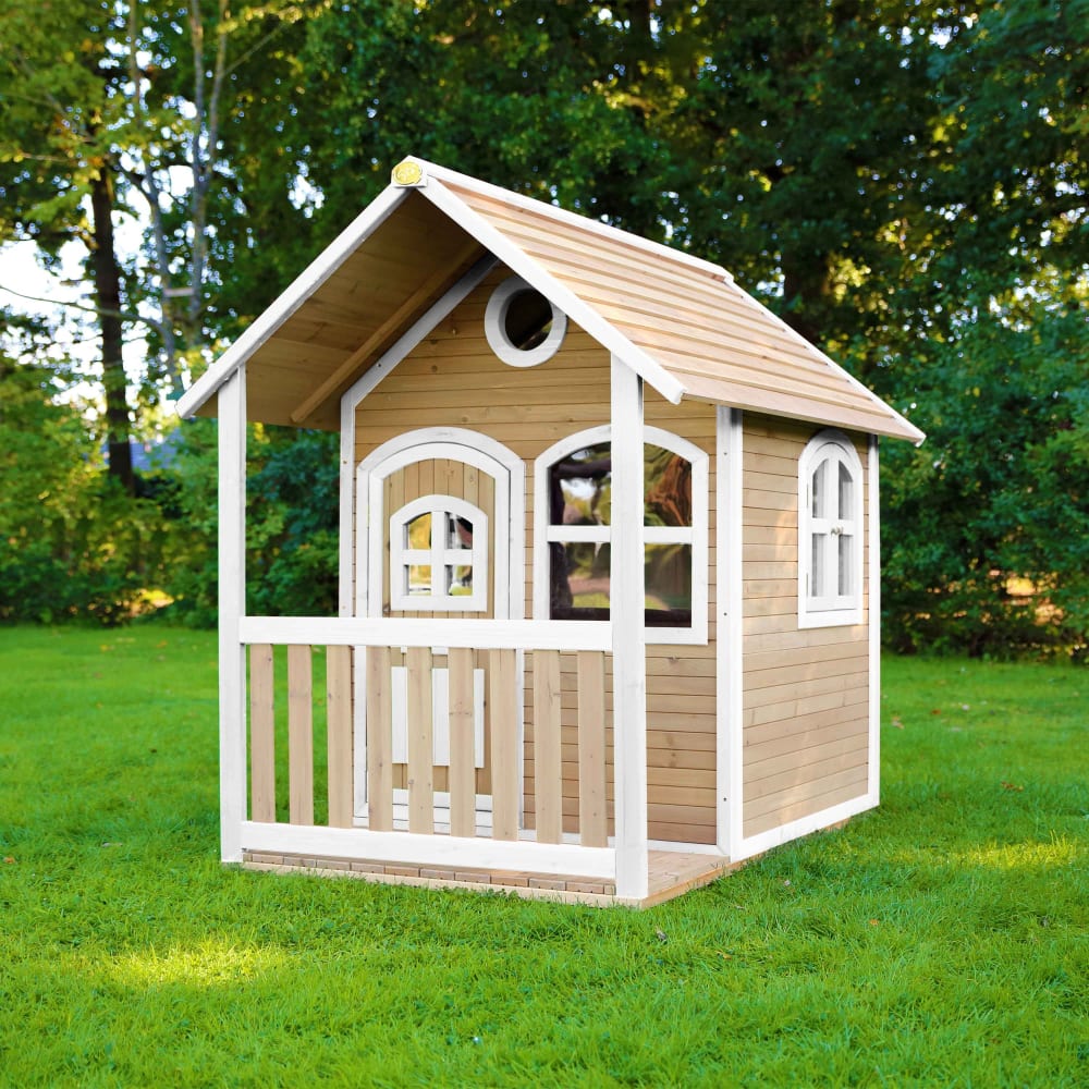 Maisonnette enfant avec fenêtres & véranda, en bois fsc, marron/blanc - Maisons du Monde