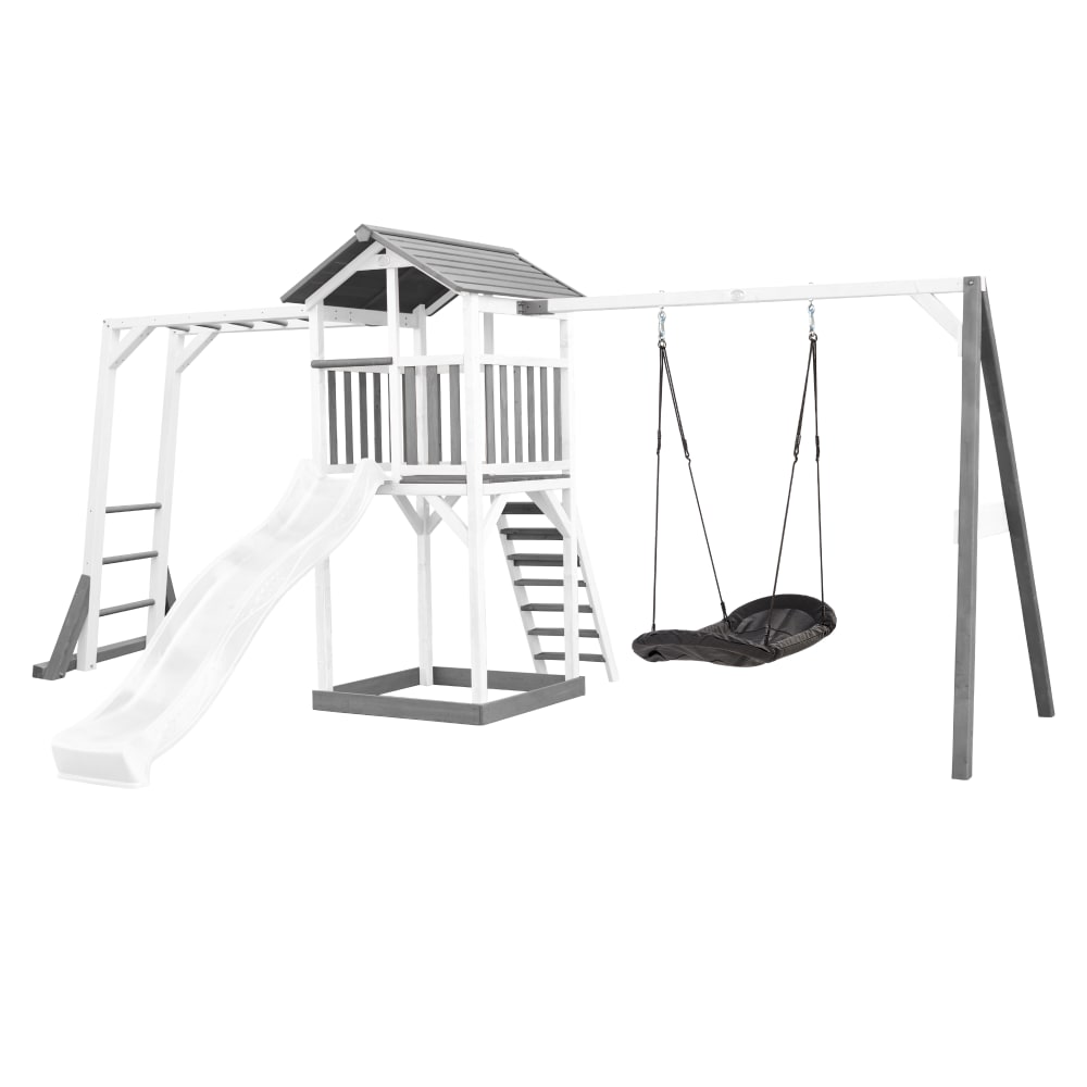 Axi Spielturm mit weißer Rutsche, Roxy Nestschaukel, Holz, weiß/grau style modern - Holz
