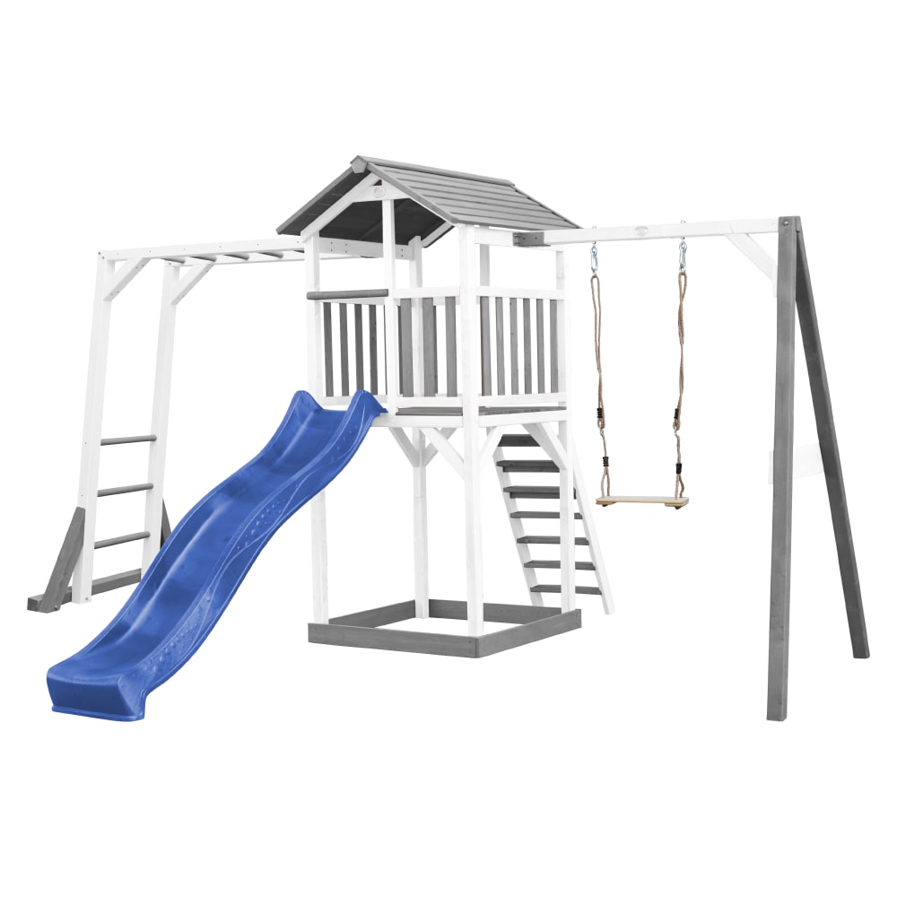 Axi Spielturm mit blauer Rutsche, Sandkasten, Holz, weiß/grau style modern - Holz