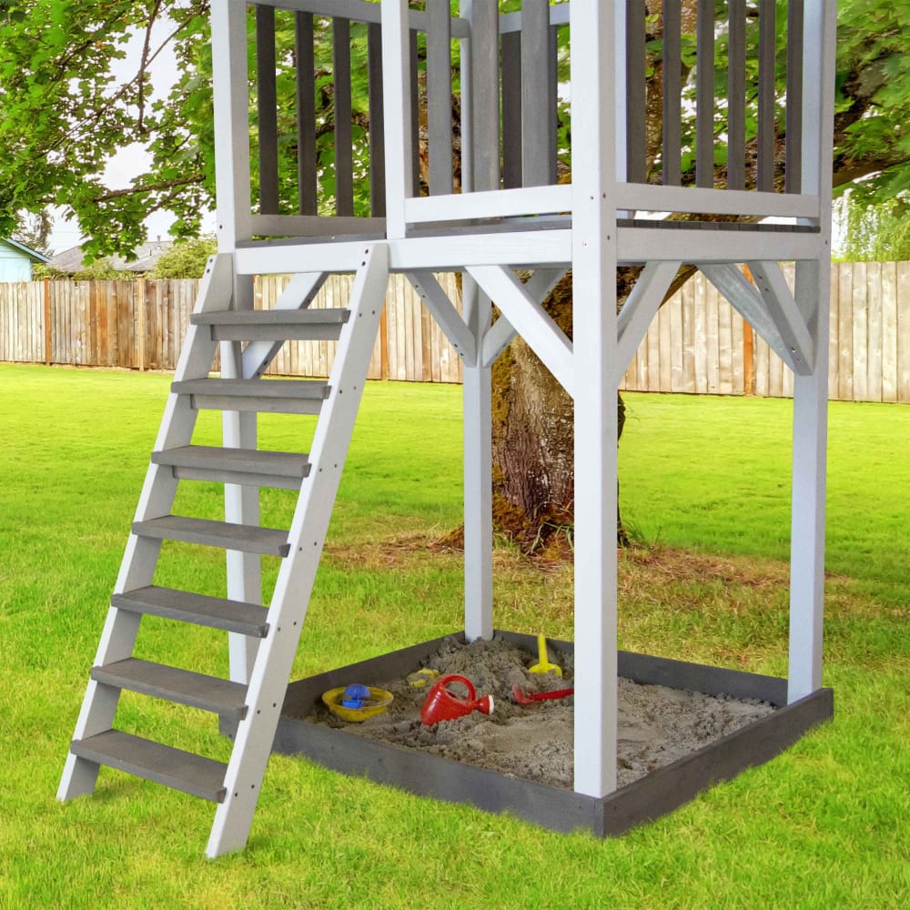 Spielturm mit blauer Rutsche, Sandkasten, Holz, weiß/grau -