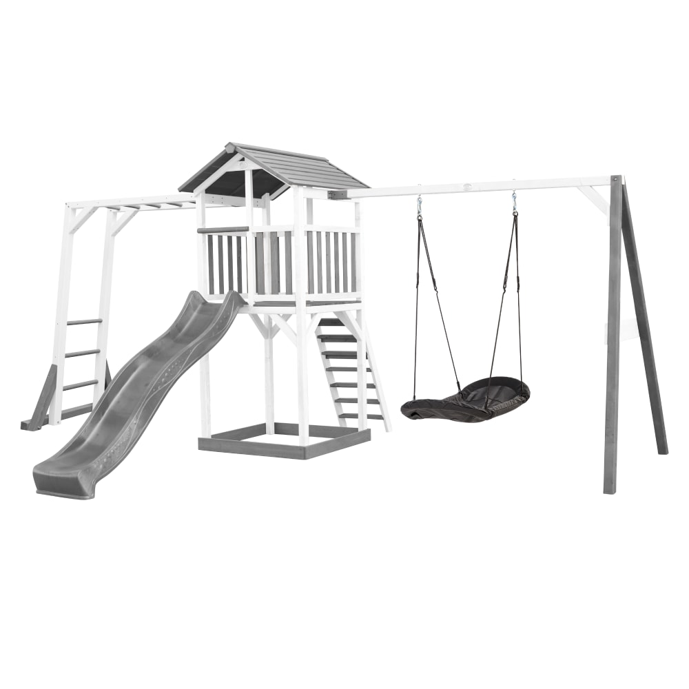 Axi Spielturm mit grauer Rutsche, Roxy Nestschaukel, Holz, weiß/grau style modern - Holz