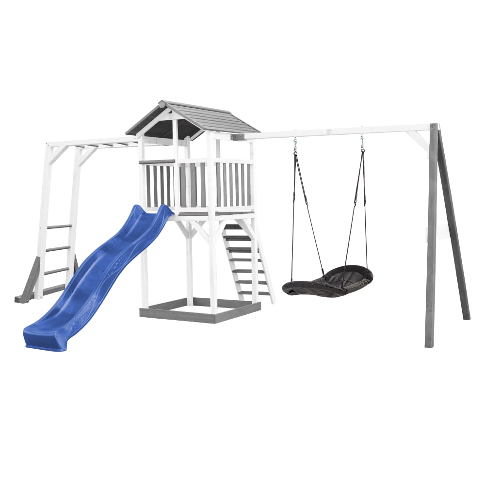 Axi Spielturm mit blauer Rutsche, Roxy Nestschaukel, Holz, weiß/grau style modern - Holz