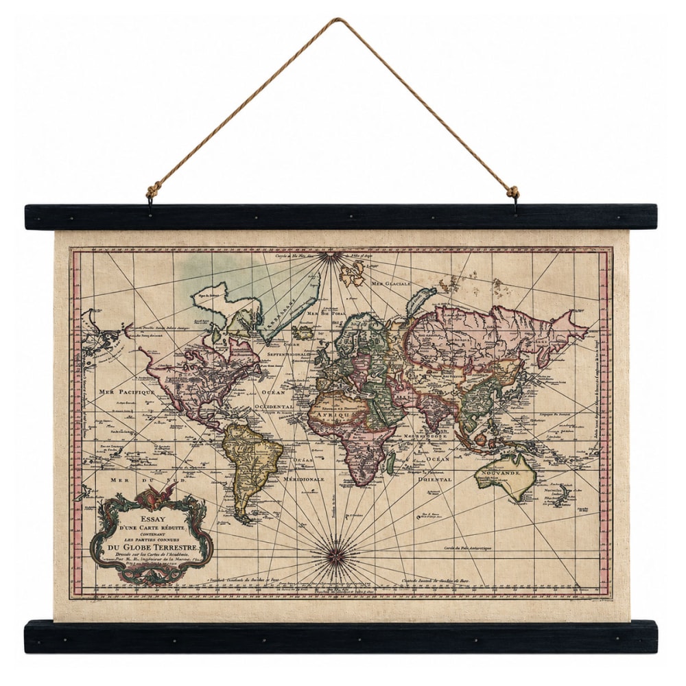 SIGNES GRIMALT Toile déco Globe terrestre à suspendre Lin et bois de sapin Dimensions : Hauteur 43 cm - Largeur 60 cm - Profondeur 2 cm