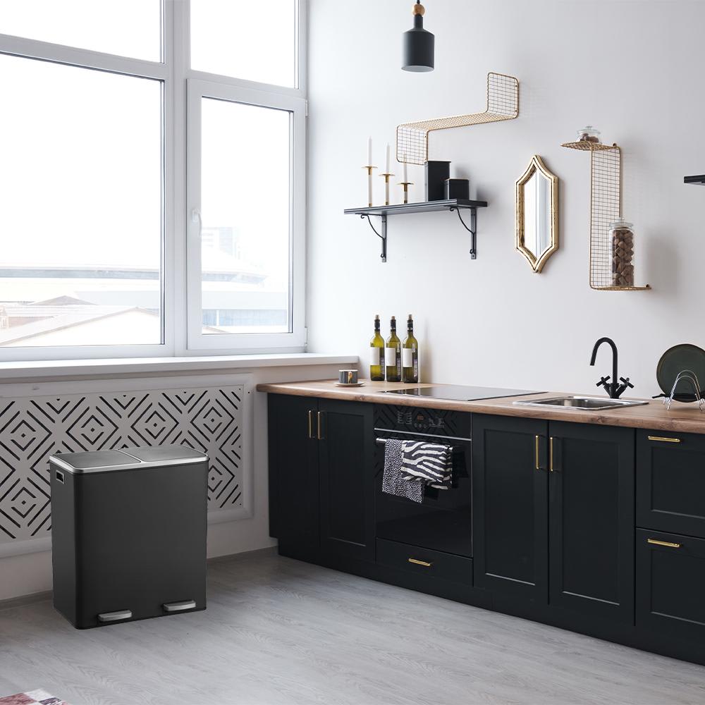 Poubelle de cuisine tri sélectif Acier inoxydable Noir 60l