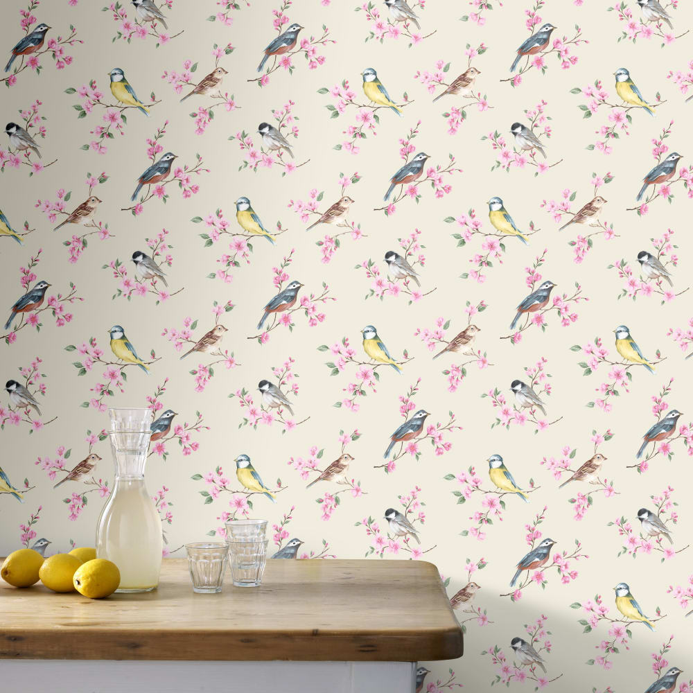 Papier peint intissé oiseaux sur branches rose taupe 1005x52cm
