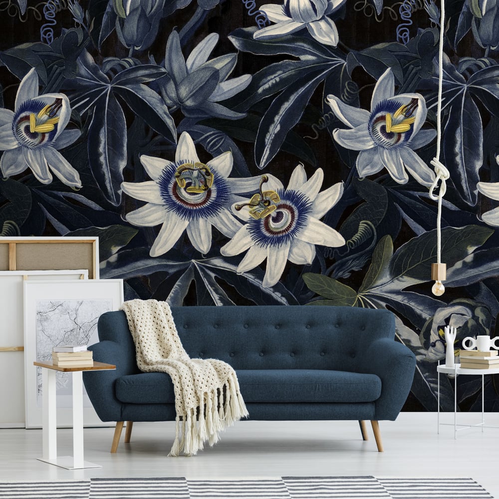 fresco panoramico flores de la pasion azul 200x280cm