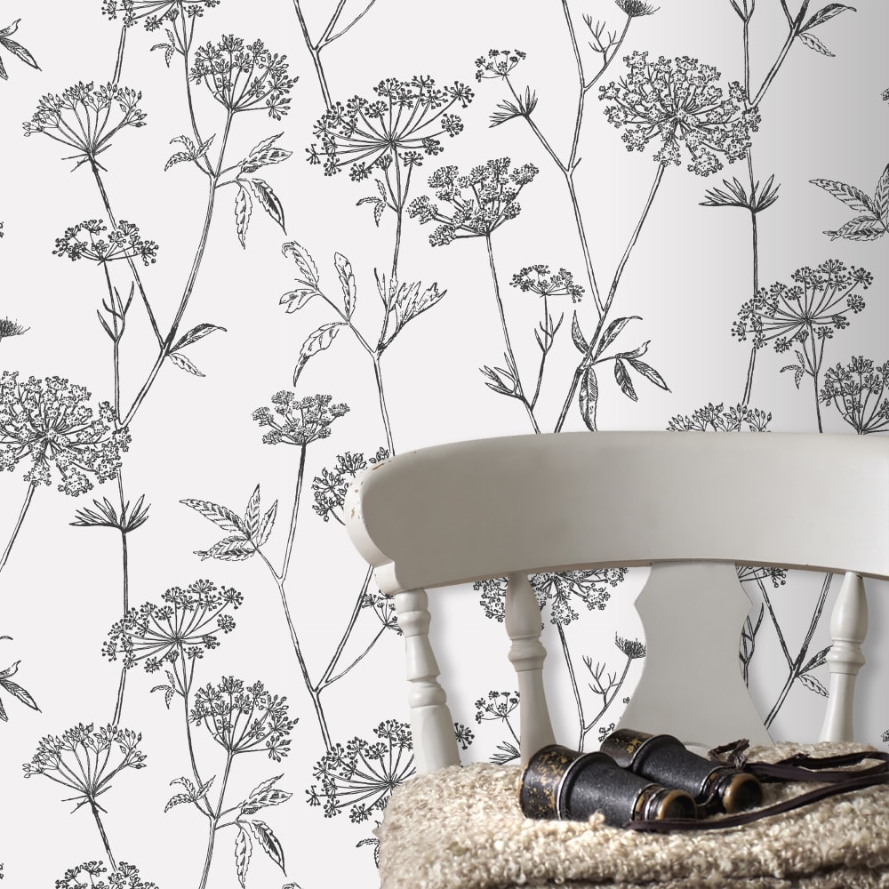 Papier peint intissé fleuri gravure noir écru 1000x53cm — vue 4