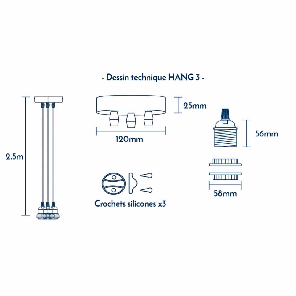 Suspension corde 3 cordons tissés ficelle blanc 2.5m