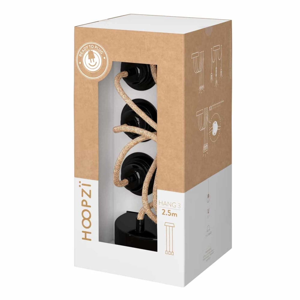 Suspension corde 3 cordons tissés ficelle noir 2.5m