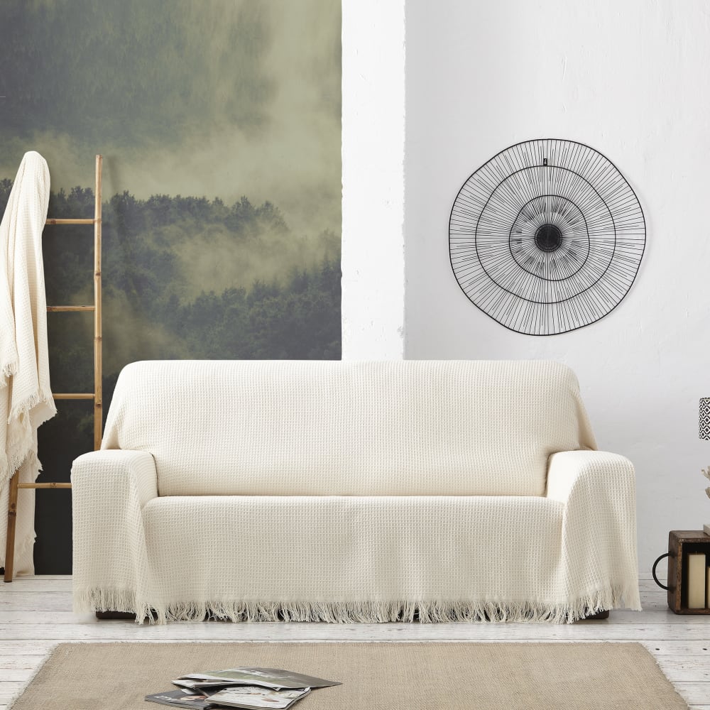 Plaid multiuso 3 posti beige 230 cm (misure contando le frange) -