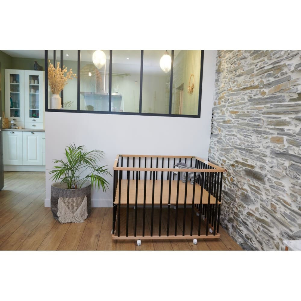 Parc bébé carré pliant en bois bicolore noir 92x98x67 cm