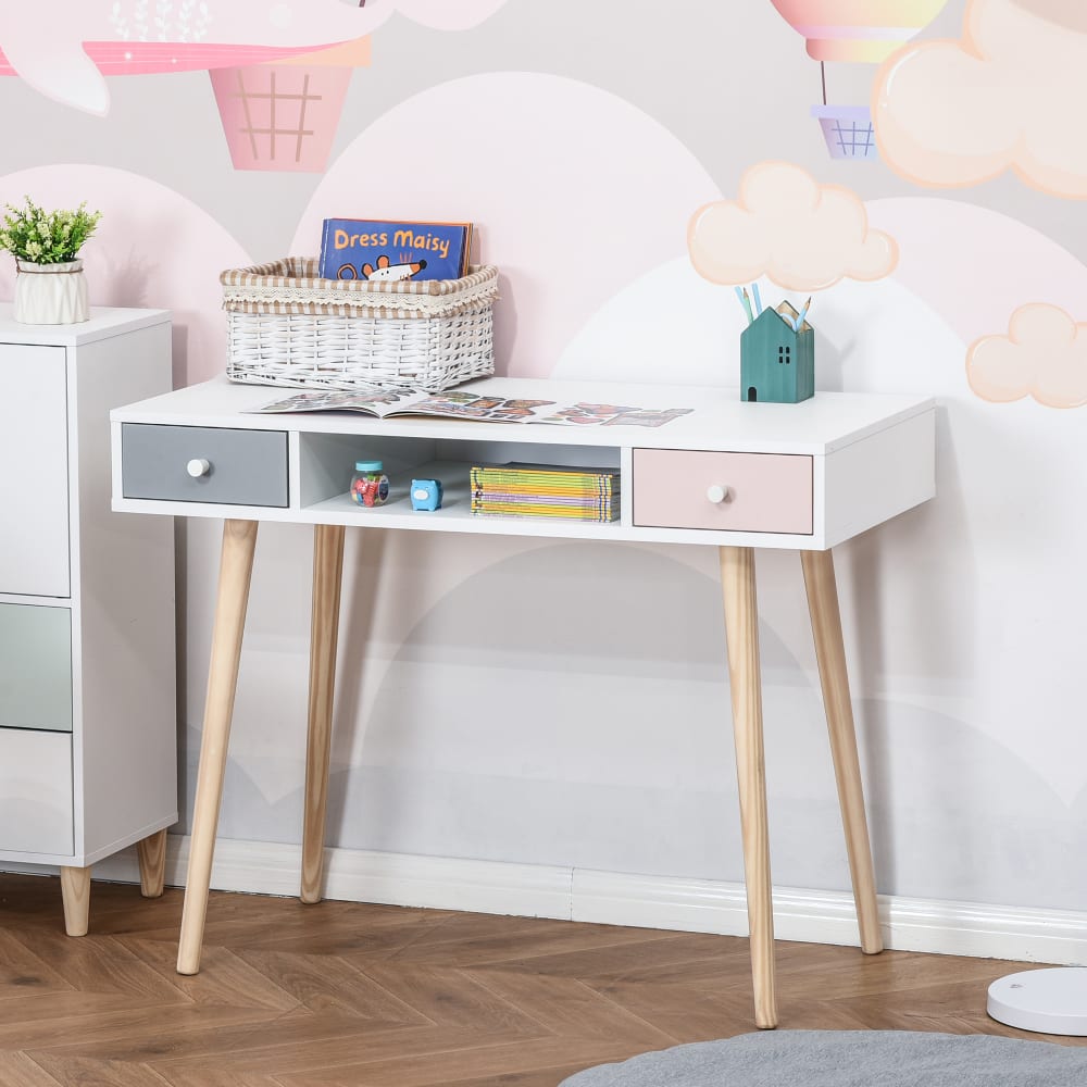 Bureau enfant style scandinave 2 tiroirs et 1 niche blanc
