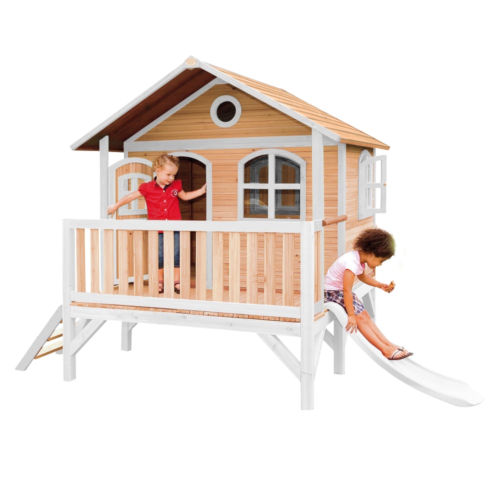 Spielturm mit roter Rutsche, Roxy Nestschaukel, Holz, weiß/grau -