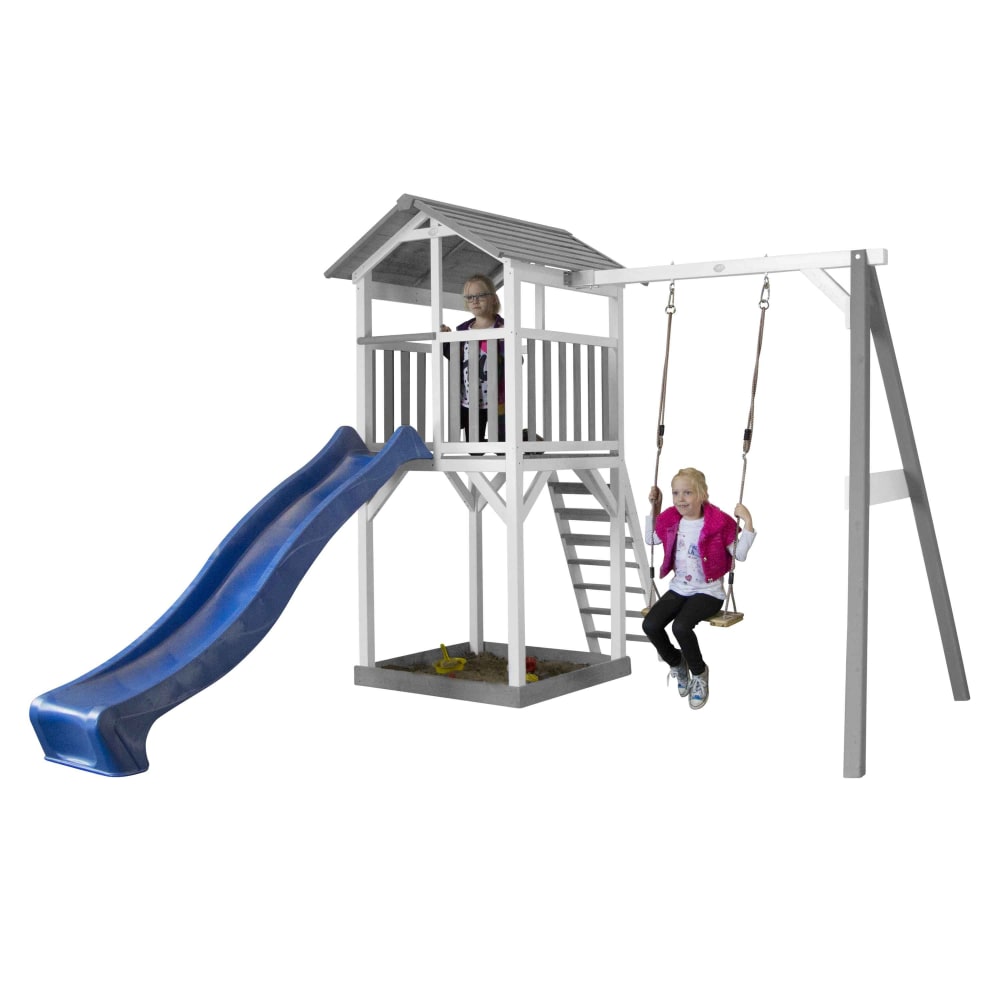 Spielturm mit blauer Rutsche, Sandkasten, Holz, weiß/grau -