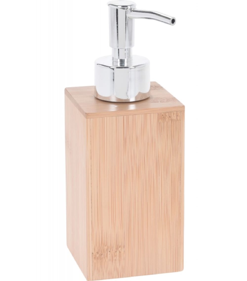 WADIGA Distributeur de savon en bambou et ABS chromé. Dimensions: Longueur 6.5cm x largeur 6.5cm x Hauteur 18cm - Couleur: Bambou - Matière: ABS et