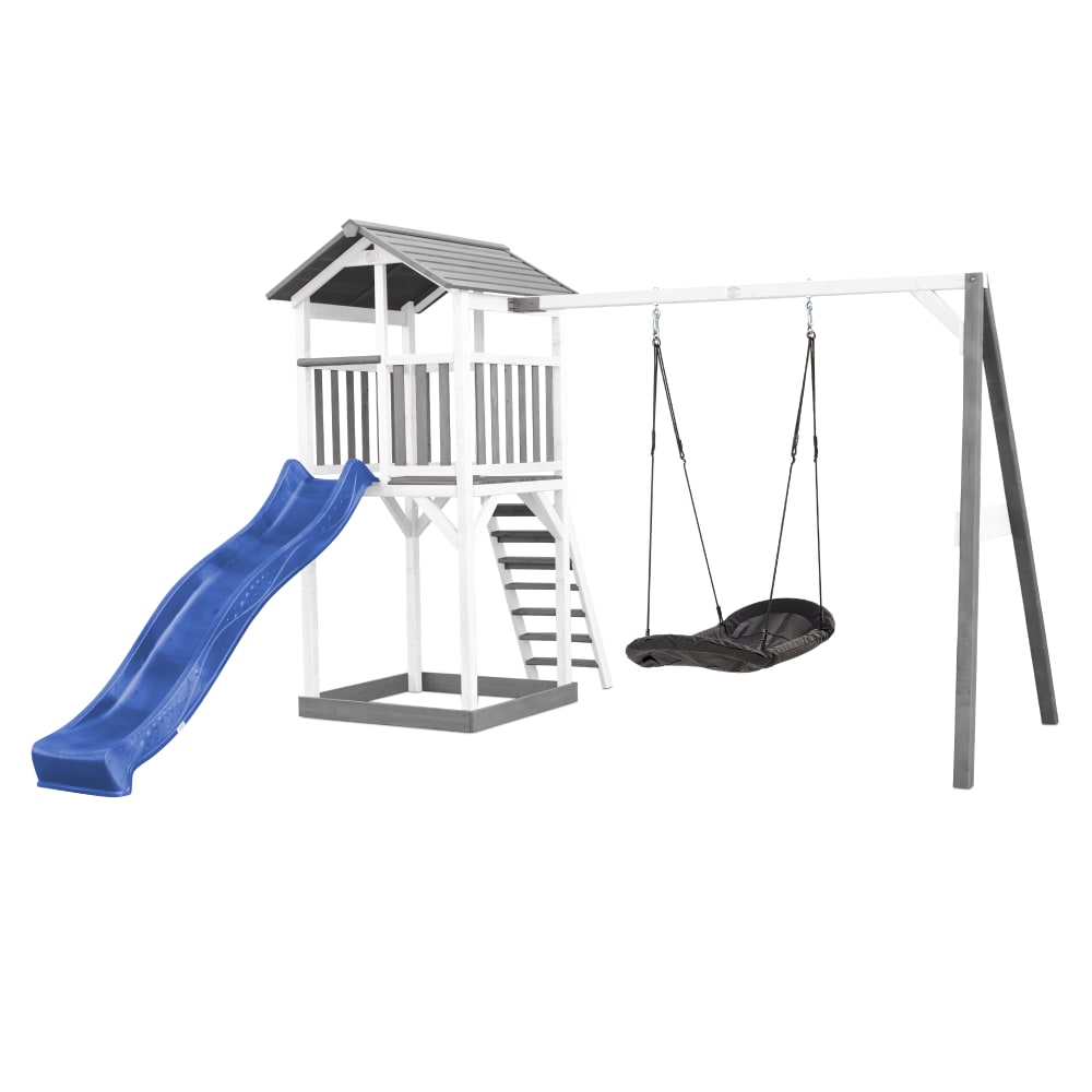 Axi Spielturm mit blauer Rutsche, Roxy Nestschaukel, Holz, weiß/grau style modern - Holz