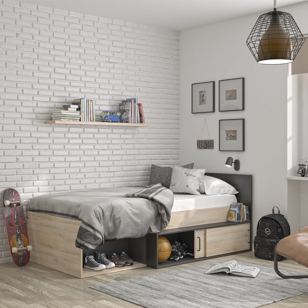 Lit Enfant Compact et Rangements - Chêne et noir 90x200 - Maisons du Monde