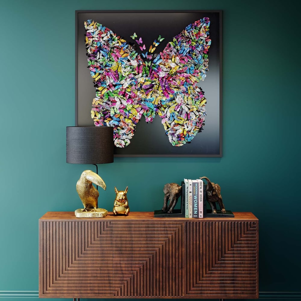 Tableau noir papillons multicolores en relief 120x120