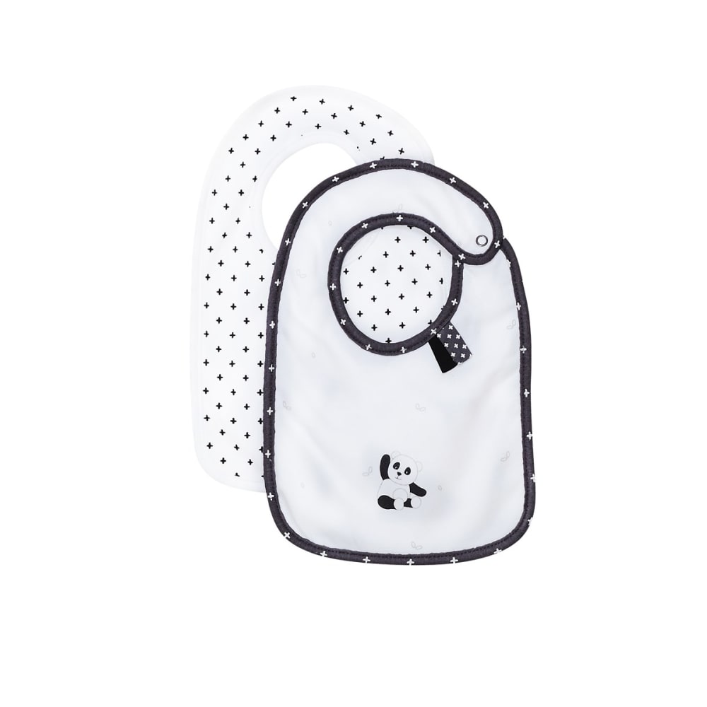 Sauthon Lot de 2 bavoirs à pression panda Chao Chao style classique chic Blanc Certifié Oeko-Tex Coton - 18x26x1cm
