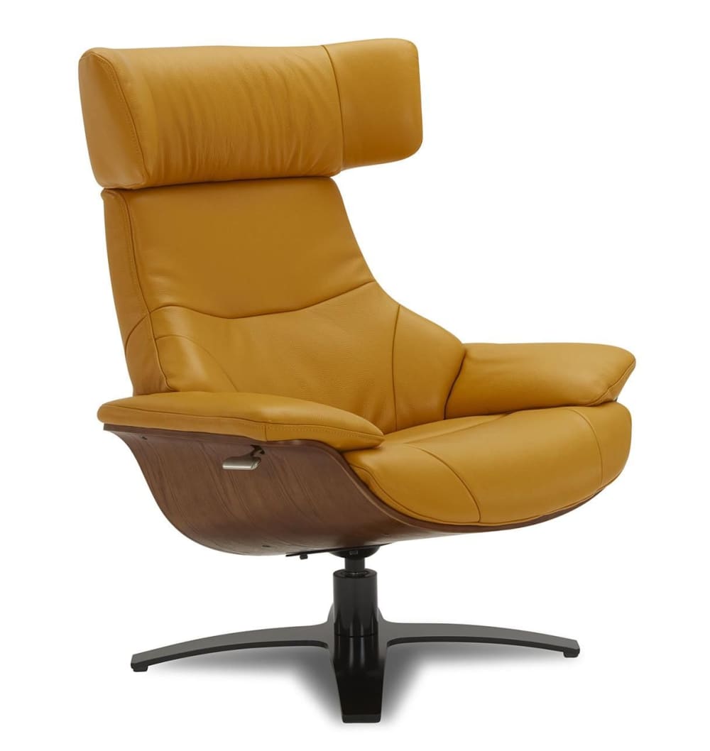 Fauteuil relax  en cuir jaune et chêne naturel