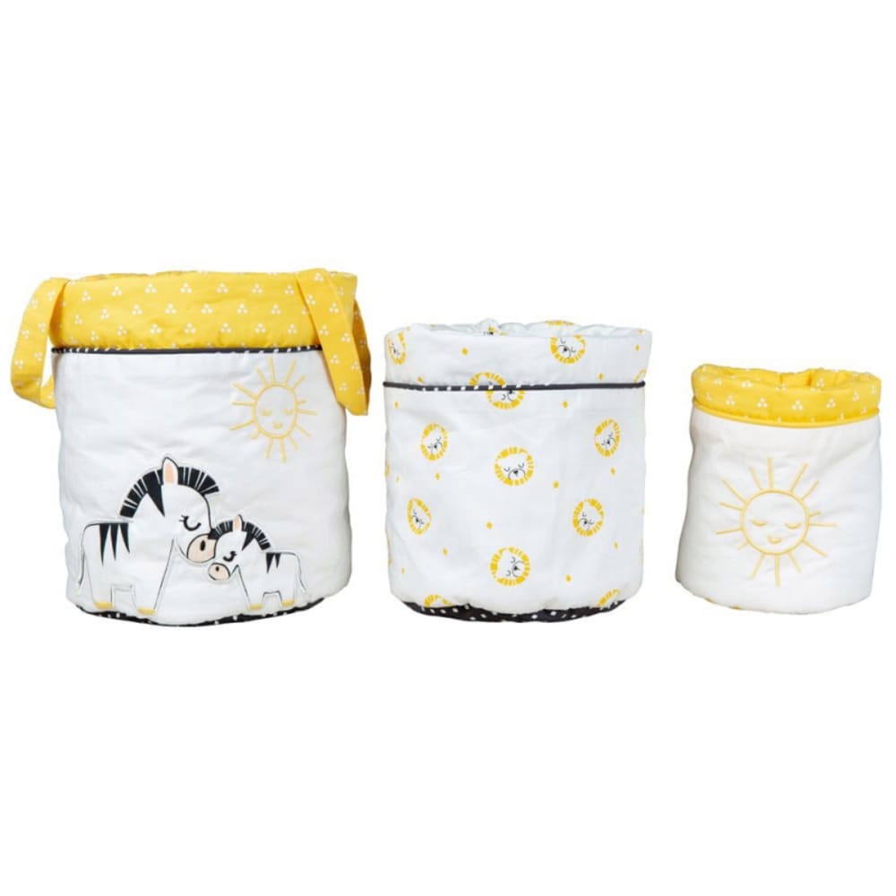 Sauthon Lot de 3 paniers de toilette Pluche et Pompon style classique chic Jaune Certifié Oeko-Tex Coton - 18x18x21cm