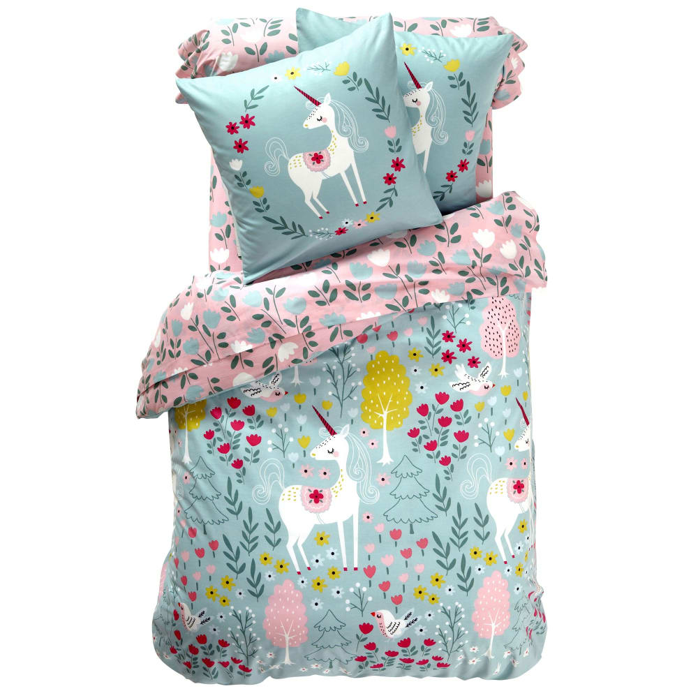 Housse de couette en coton bleu ciel grisé 140x200cm