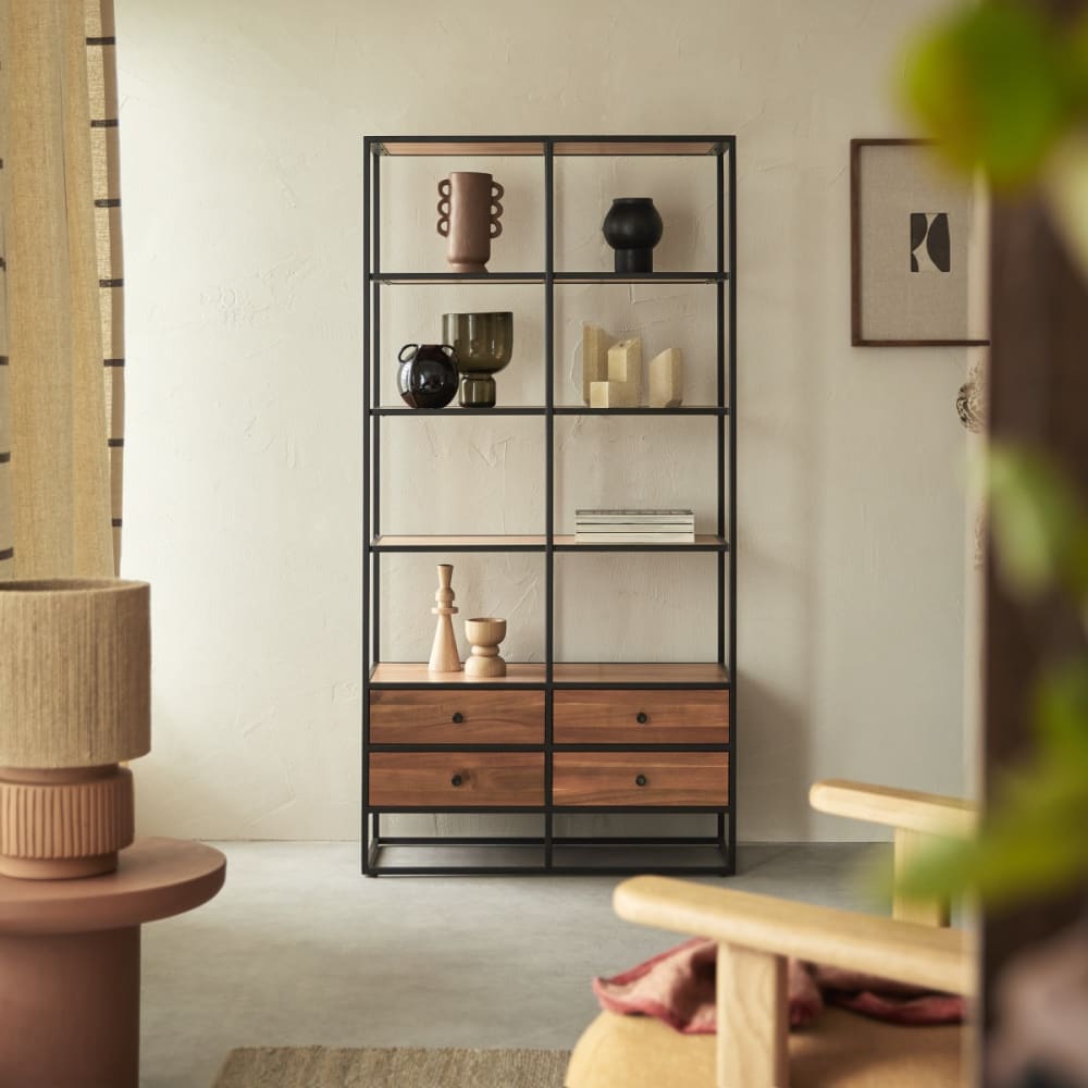 Tikamoon Bücherregal aus massiver Akazie und Metall style industrial Beige Holz