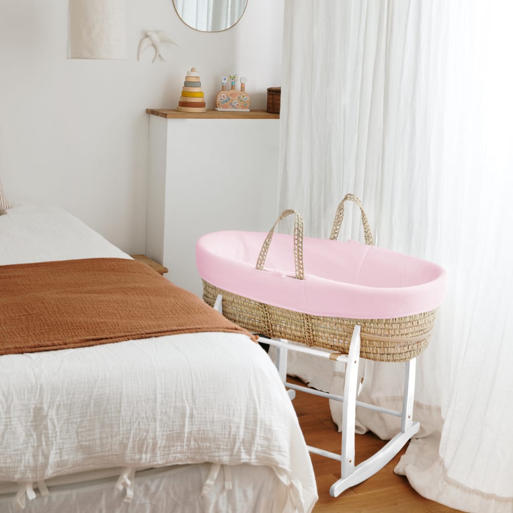Cesta neonato con supporto a dondolo, cotone bio rosa peonia -