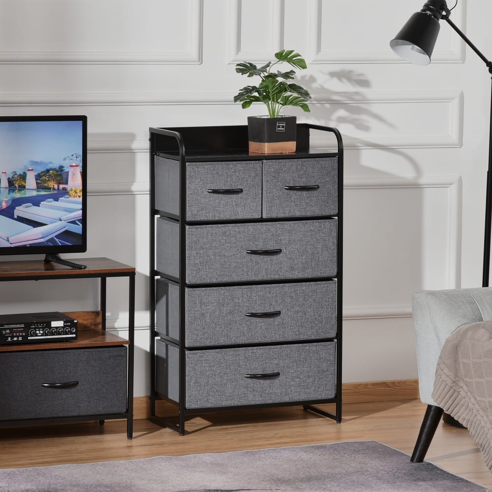 Commode 5 tiroirs tissu gris châssis métal noir - Maisons du Monde