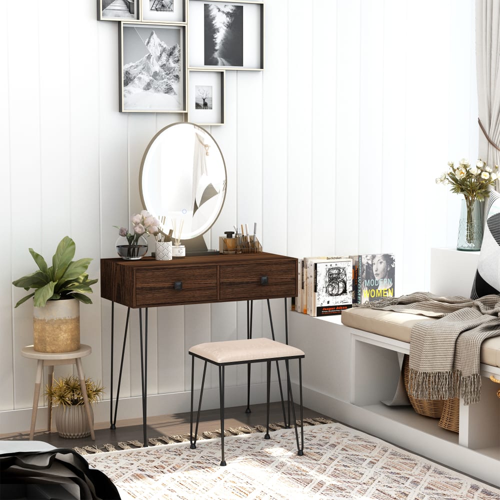 Coiffeuse design 2 tiroirs organisateur miroir LED tabouret inclus