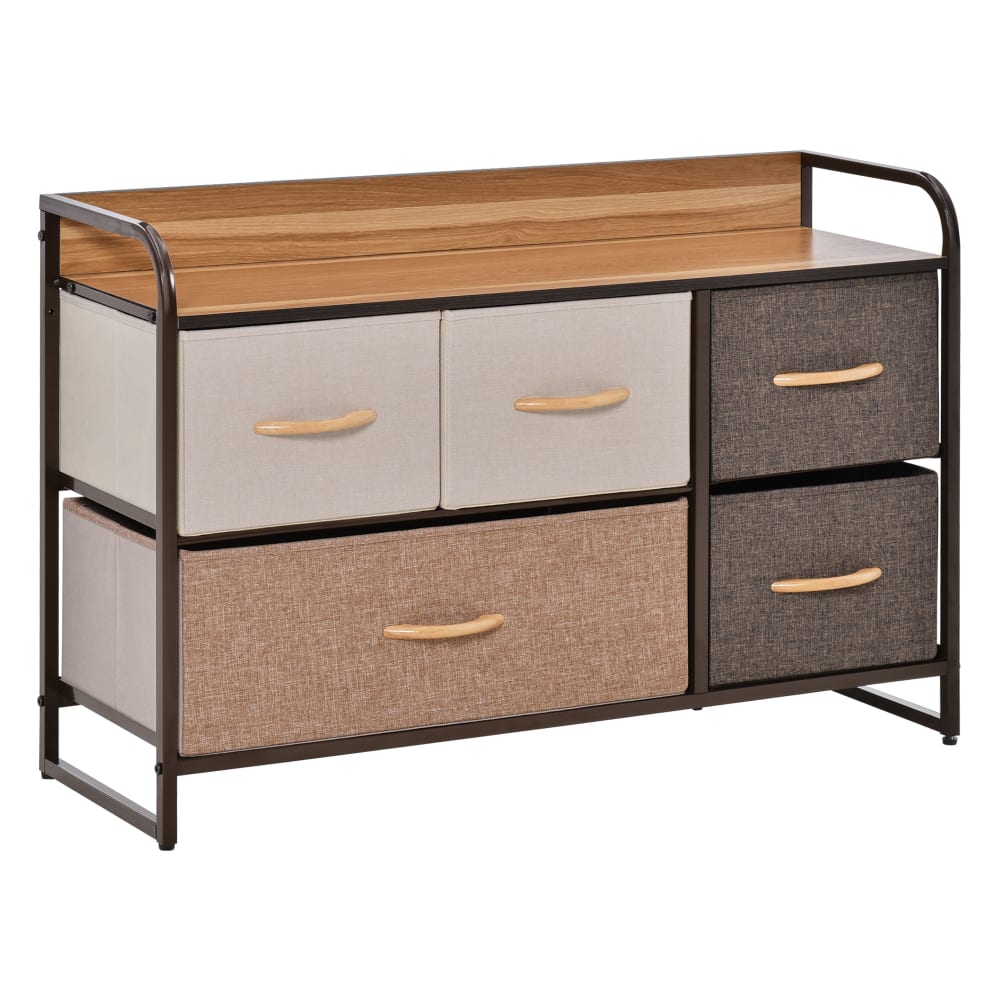 Homcom Braun-Beige Stoffkommode, 5 Schubladen, Metall & Holzoptik Braun Spanplatte