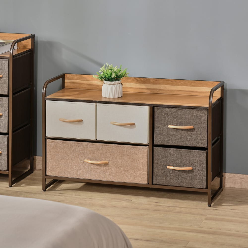 Braun-Beige Stoffkommode, 5 Schubladen, Metall & Holzoptik -