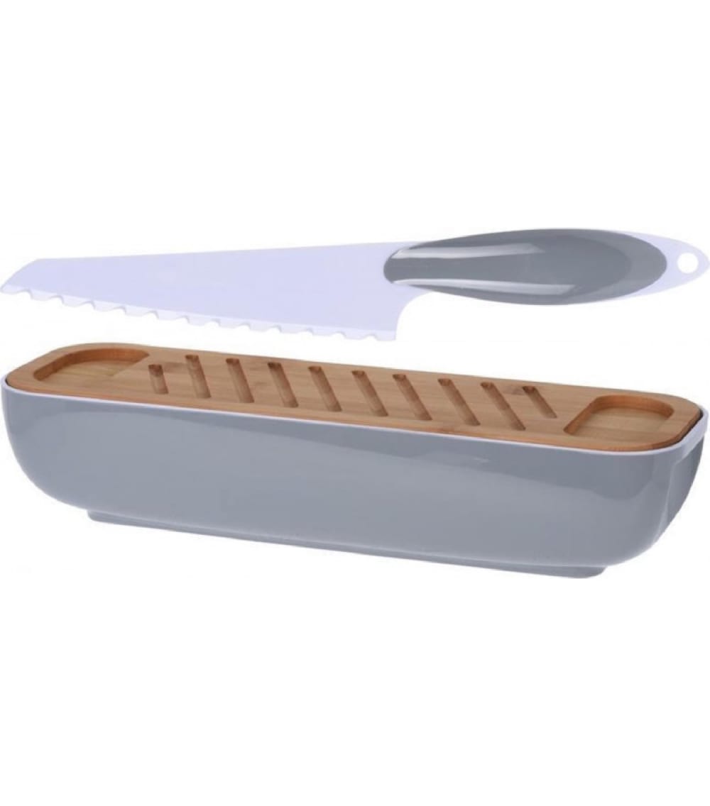 Boîte à pain grise avec planche à découper et couteau