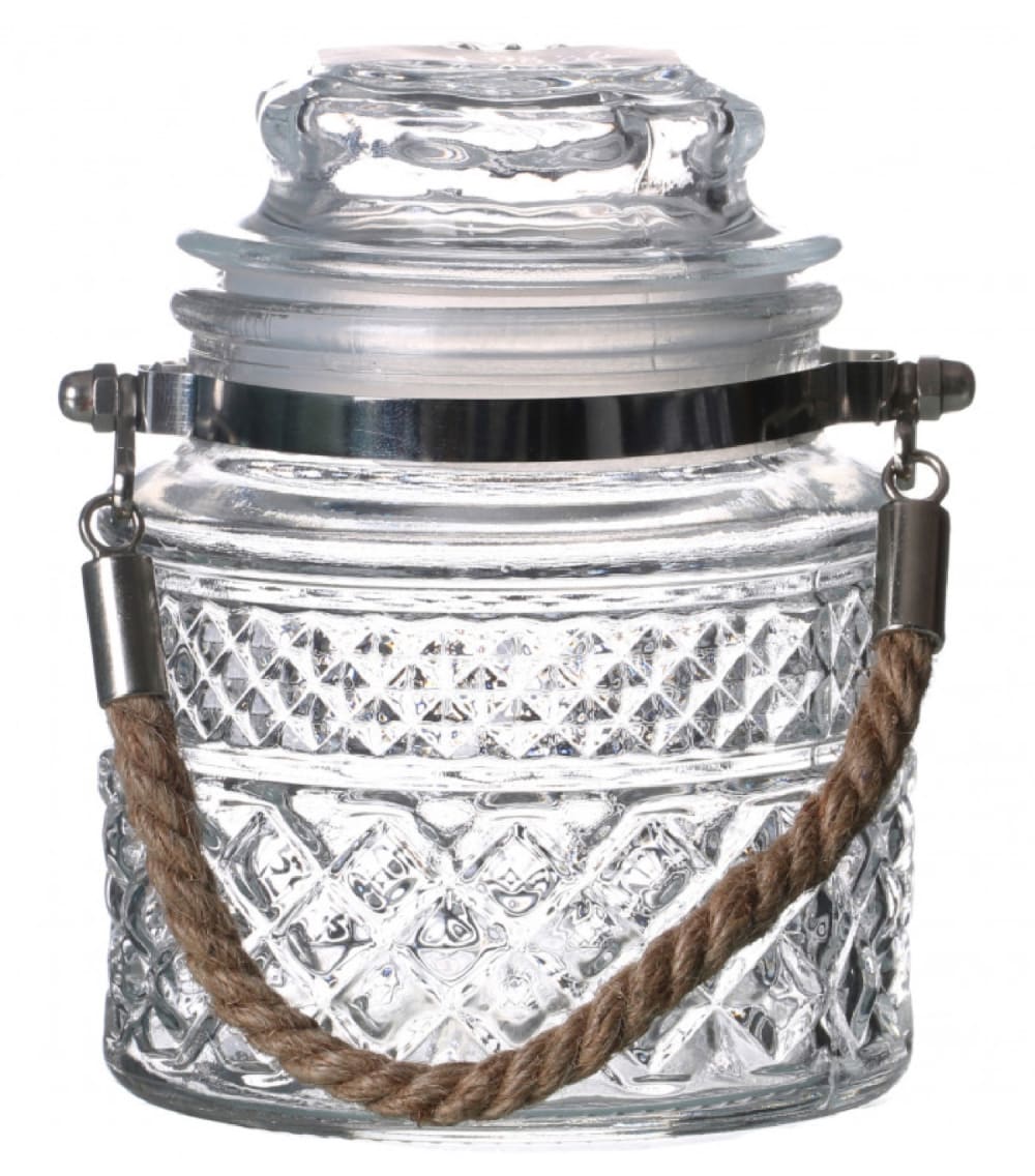 WADIGA Dimensions: Hauteur 13cm x diamètre 9.5cm Contenance: 550ml Couleur: Transparent Matière: Verre et Jute