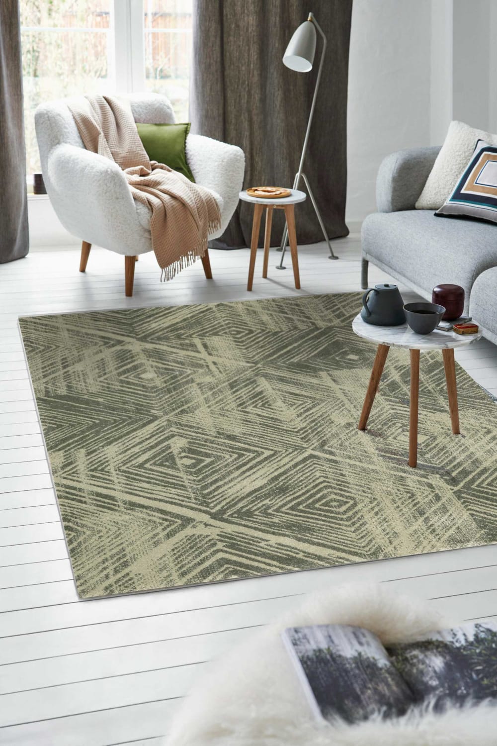 Tapis plat vintage design graphique tons de vert 120x170