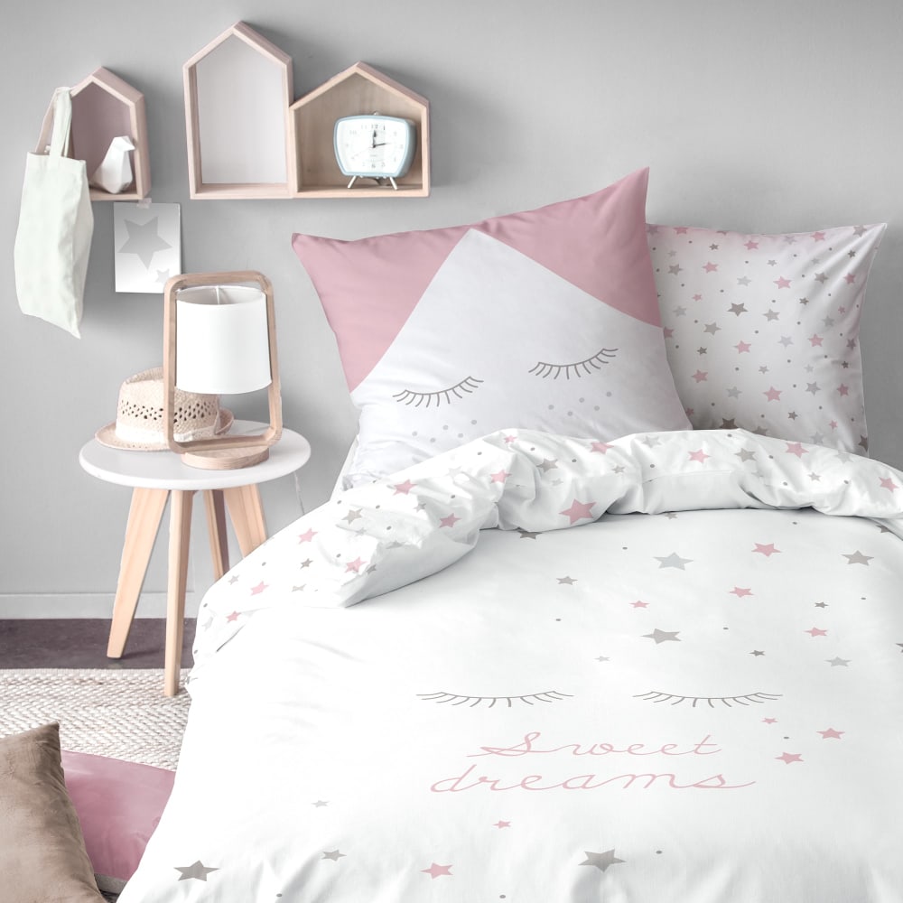 Parure de lit imprimée en coton Blanc, rose 140x200+63x63cm