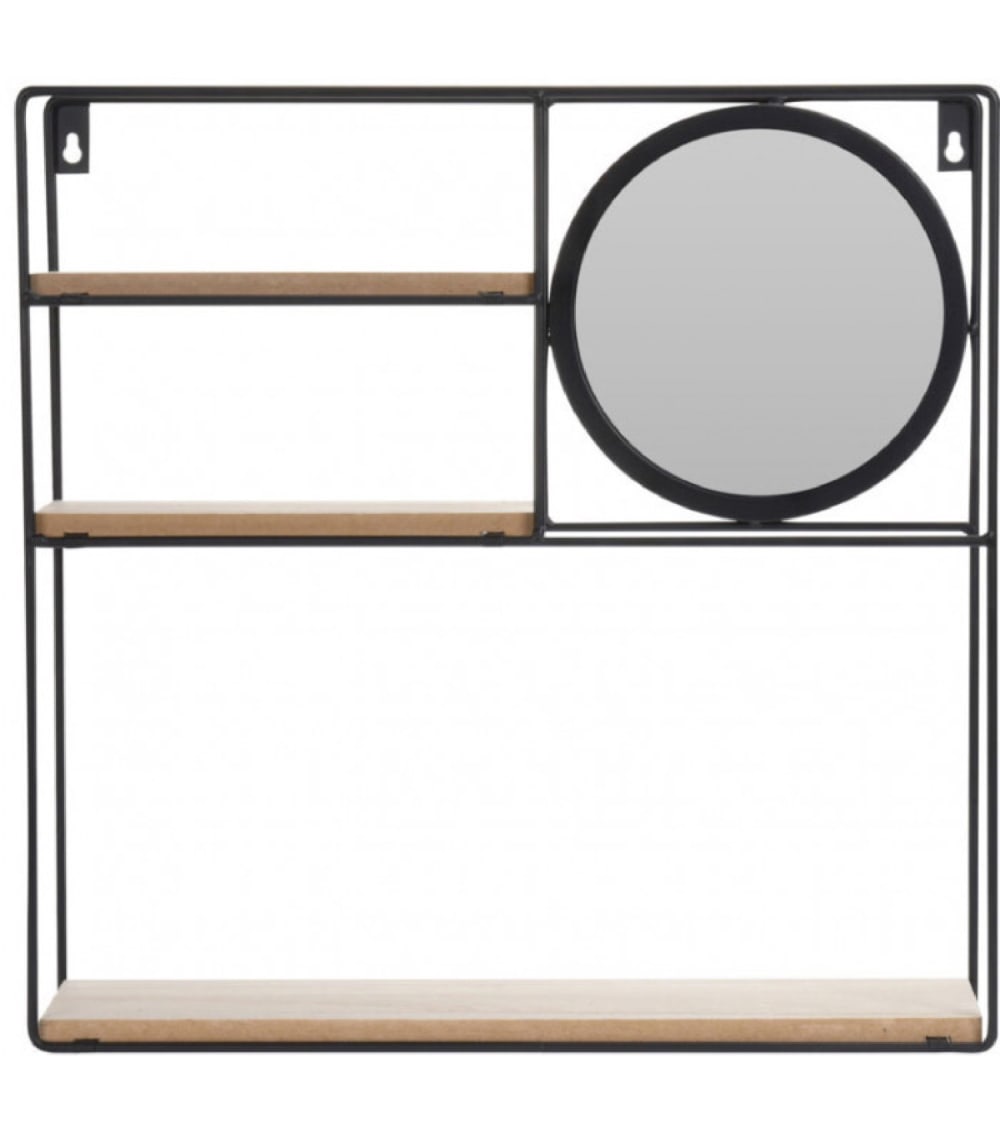 Étagère murale en métal noir et bois avec miroir 40x40x10cm