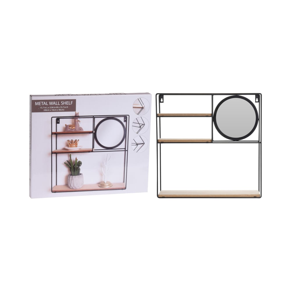 Étagère murale en métal noir et bois avec miroir 40x40x10cm - Maisons du Monde