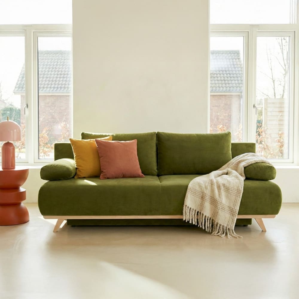 Canapé convertible 3 places avec coffre de rangement vert olive