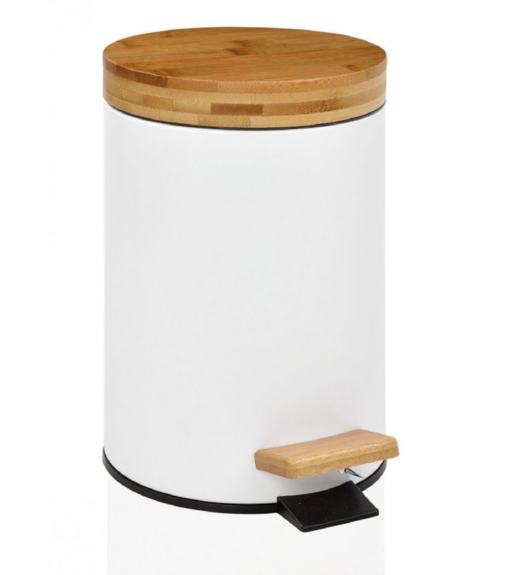 Poubelle de salle de bain en métal blanc couvercle bambou 3L