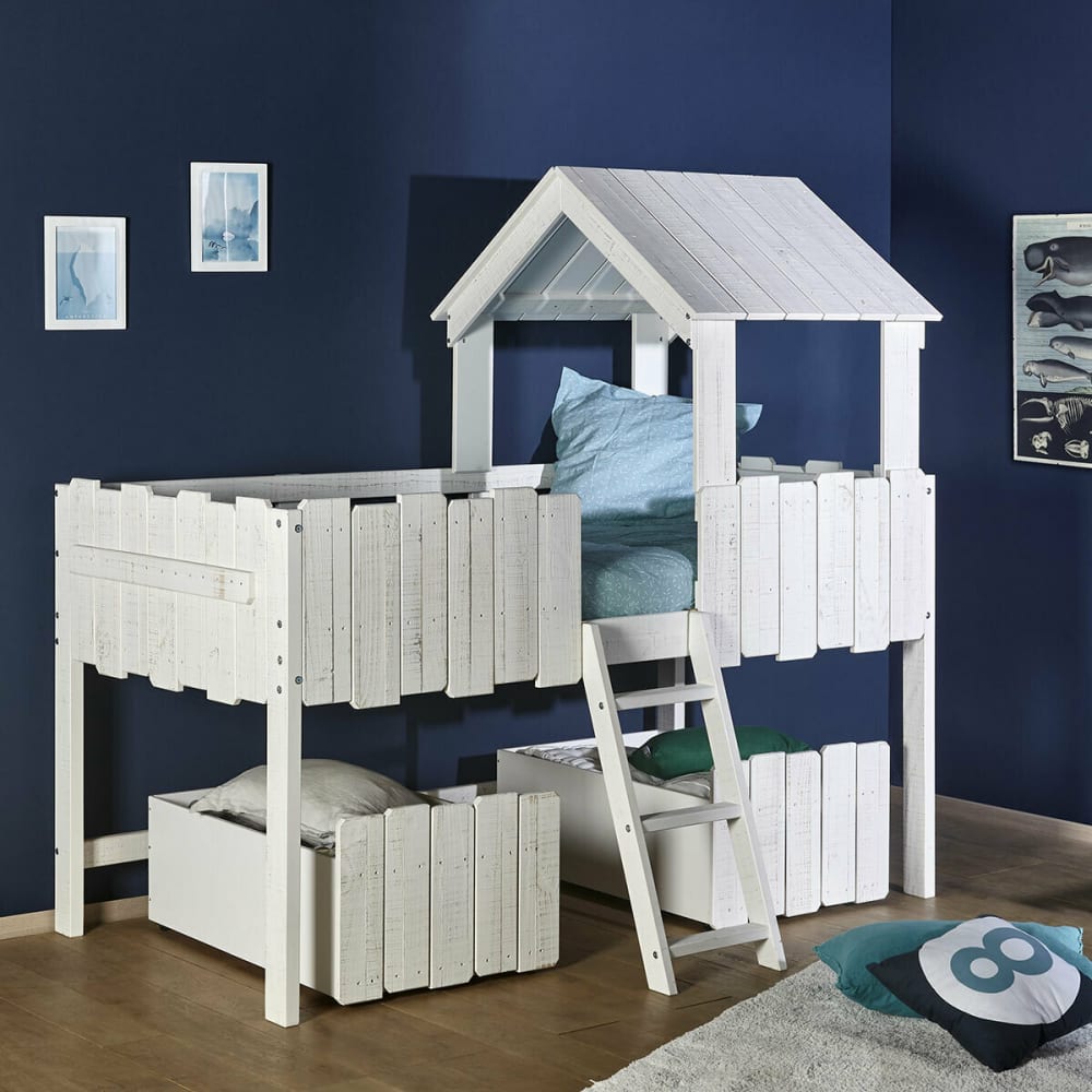 Lit cabane mi-hauteur avec tiroirs bois massif blanc 90x190 cm - Maisons du Monde