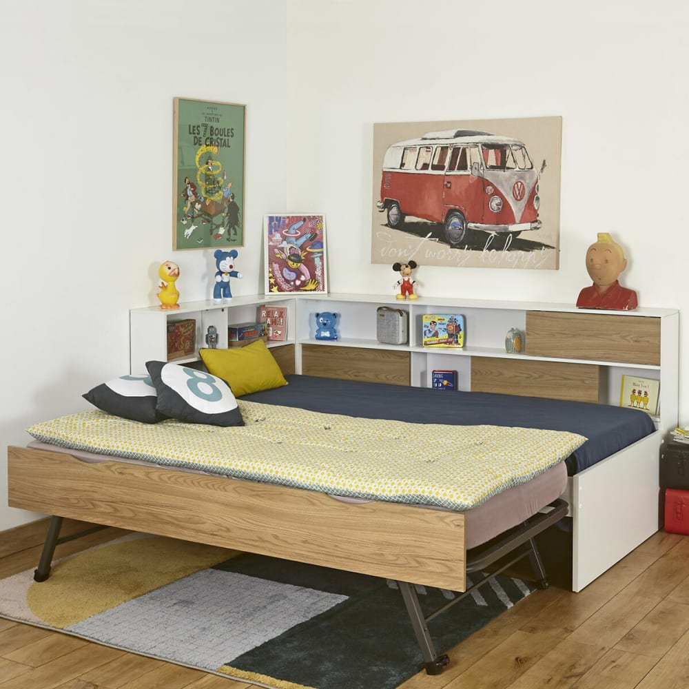 Pack lit cosy gigogne avec 2 matelas 90x190 cm effet bois et blanc