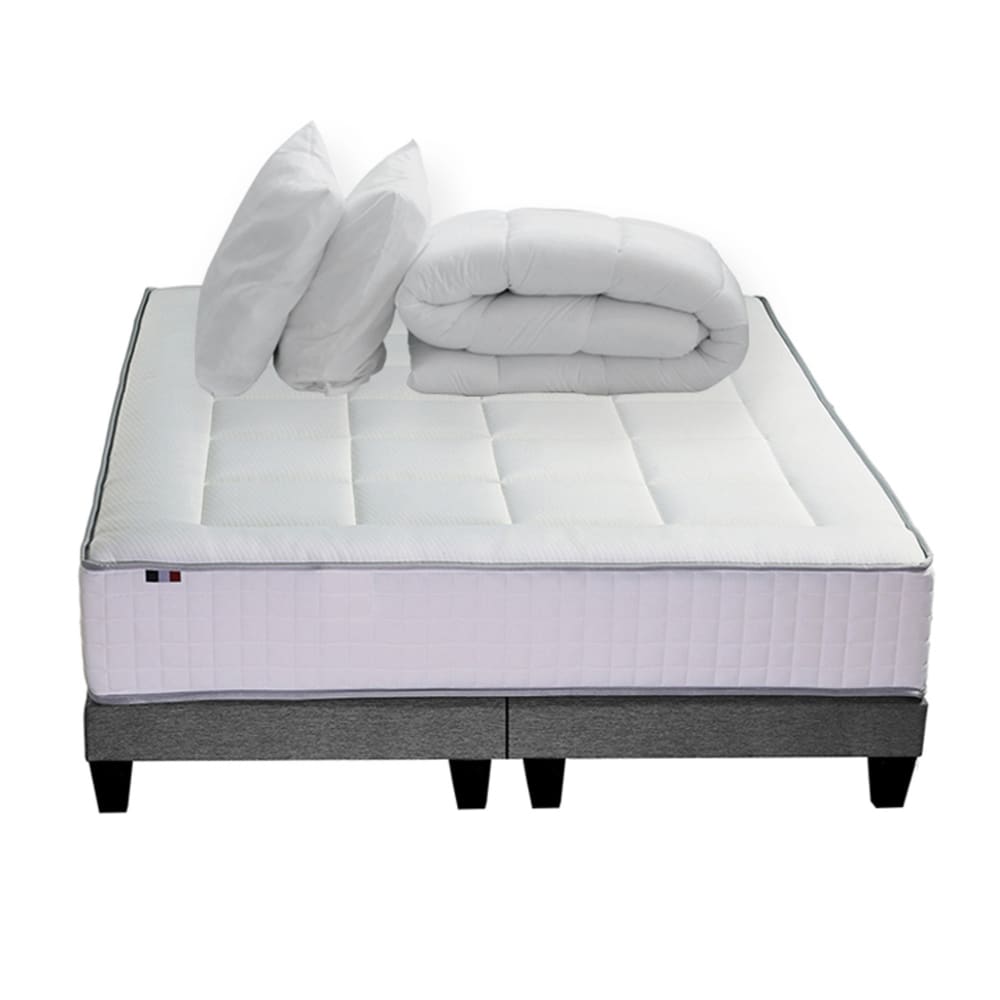 Idliterie Ensemble matelas ressort + sommier + oreiller + couette 2x90x200 Gris Certifié Oeko-Tex Tissu