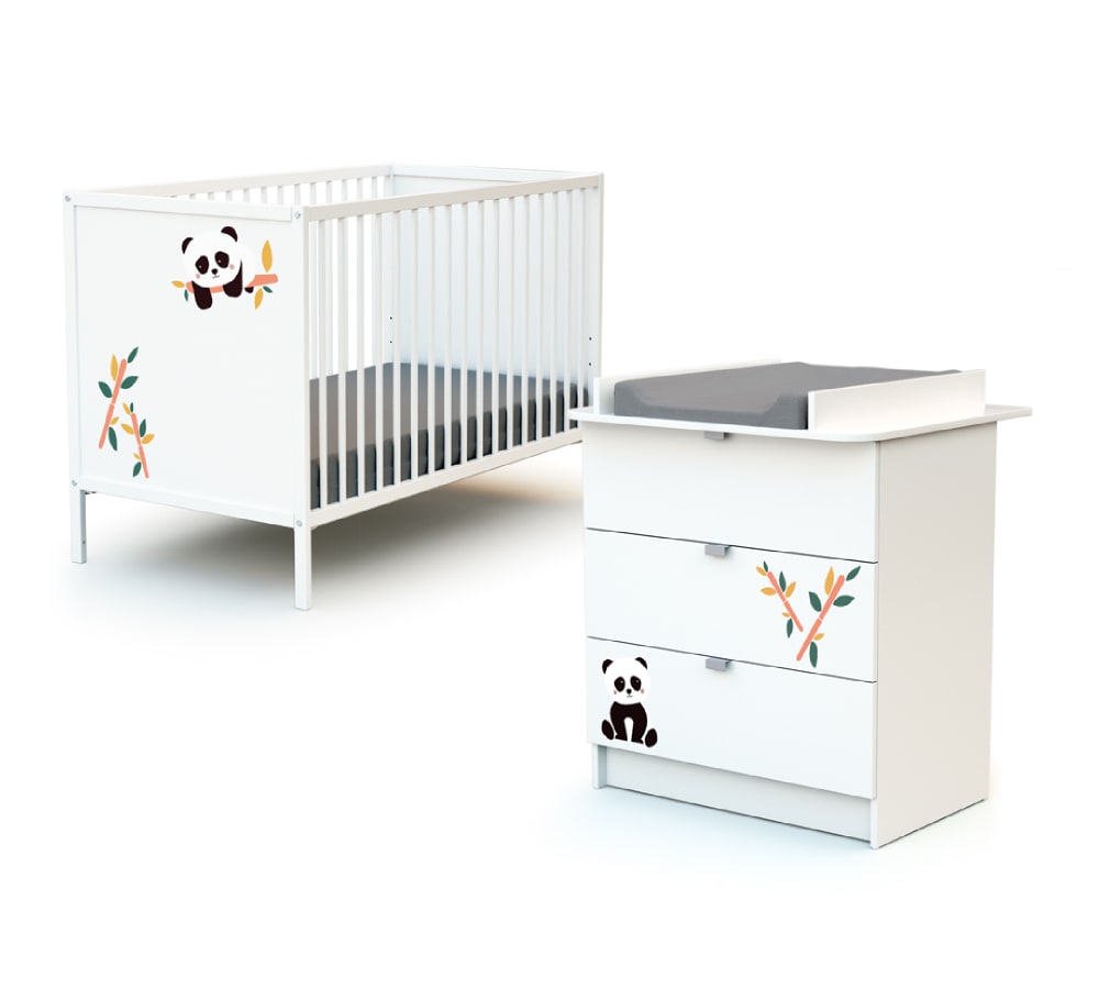 Chambre bébé lit et commode à langer en bois Panda Blanc ALBA