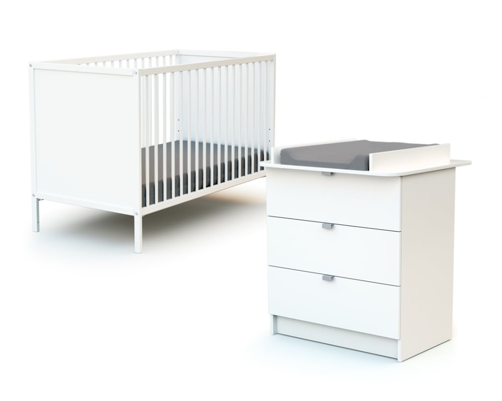 Chambre bébé lit et commode à langer en bois Blanc